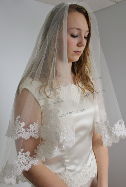 bridal lace wedding lace veil lace Alencon lace re-embroidered  with eyelashes in ivory color